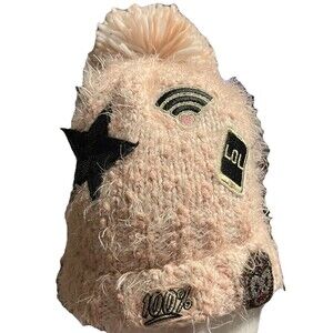 The Children's Place Pink Fuzzy Knit Beanie PomPom Hat Emoji Patches Youth XL